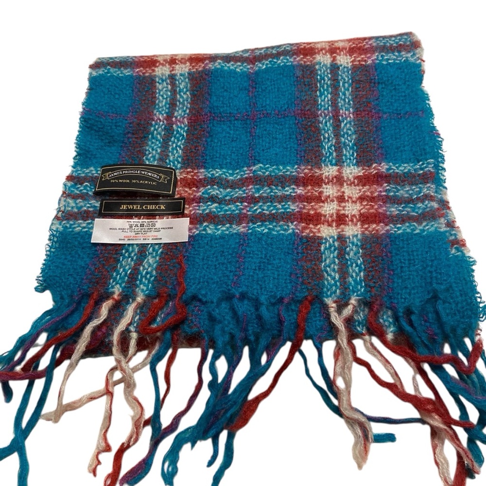 James Pringle Weavers Scarf Womens Jewel Check Plaid Wool Blend Fringe Preppy